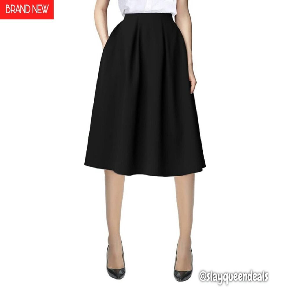 Knee Length A-Line Midi Skirt Elastic Waist Pockets Work Casual